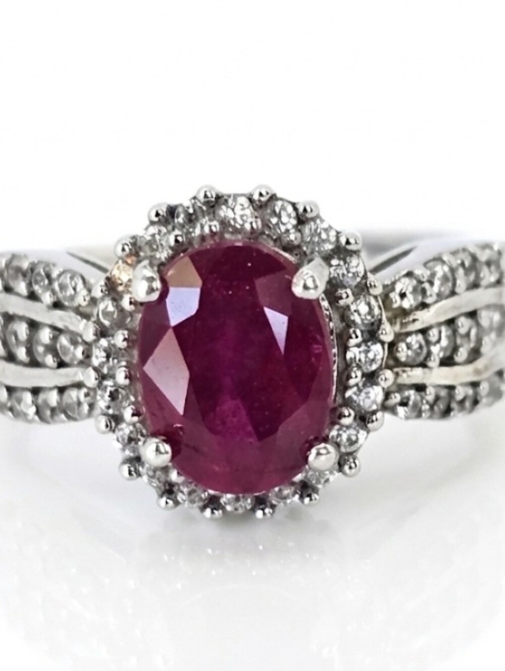 Natural Ruby & White Zircon Ring Sterling Silver Platinum Finish. Size 6!